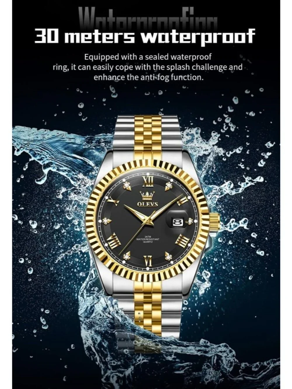 Men's Gold Black Diamond Classic Analog Stainless Steel Waterproof Wrist Watch